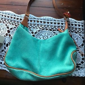 Fossil vintage purse teal suede,tan leather strap
